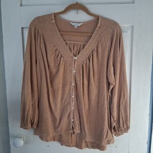 Lucky Brand Tan Button-Up Boho Blouse with Embroidered V-neckline Sz XL